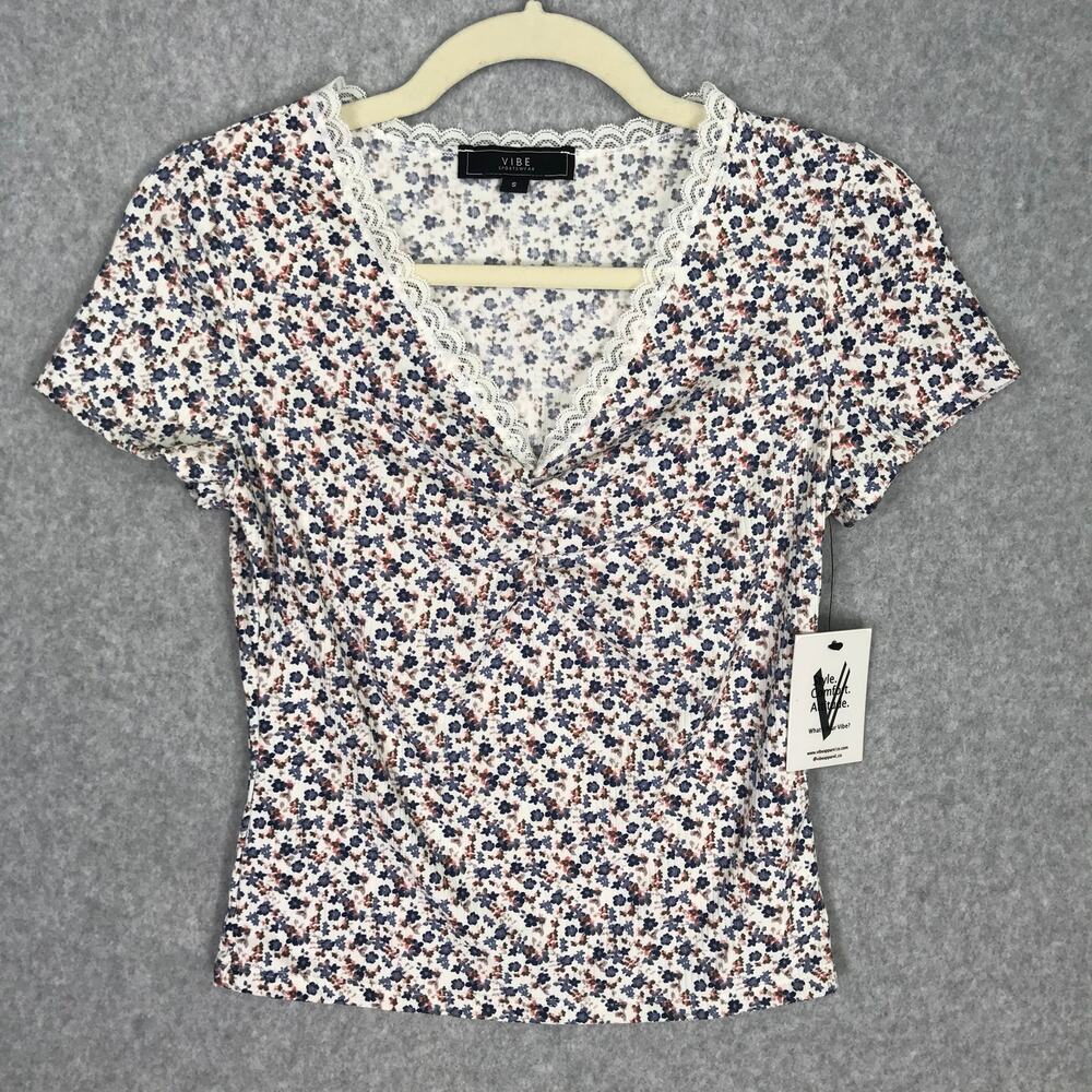 Shirt Womens Small Purple Floral Lace‎ Ribbed Tee Y2K Cottage Feminine Coquette